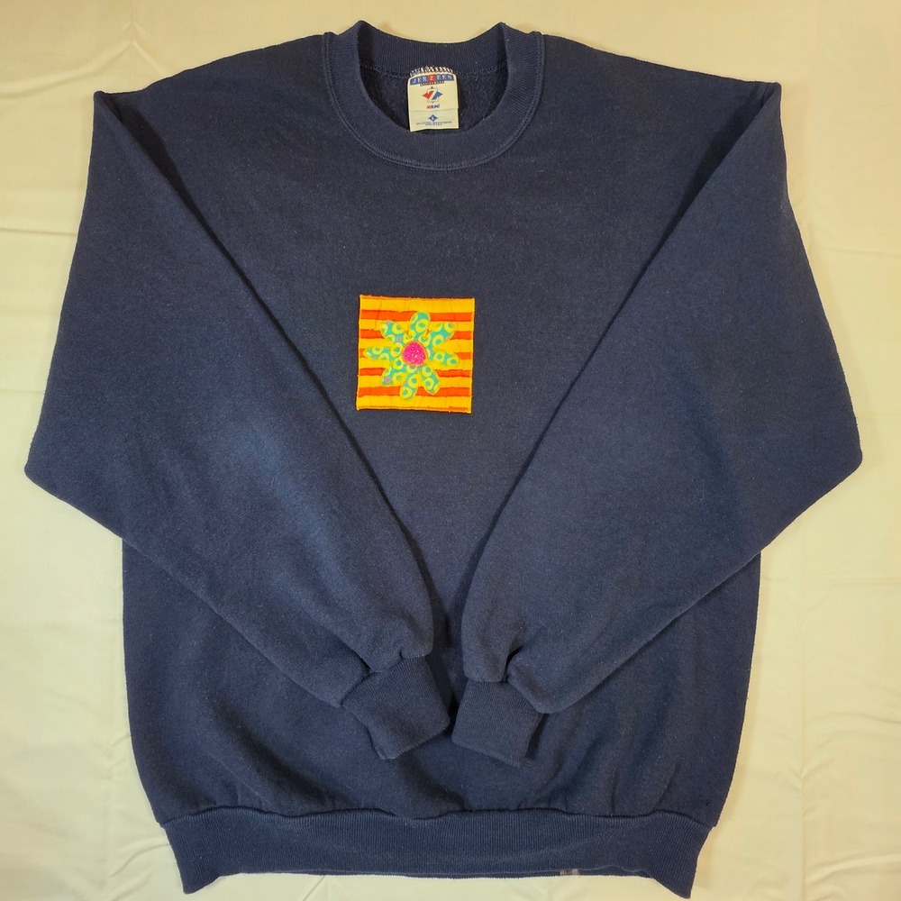 Vintage Jerzees NuBlend Navy Blue Sweatshirt Flower Patch Crewneck Large USA